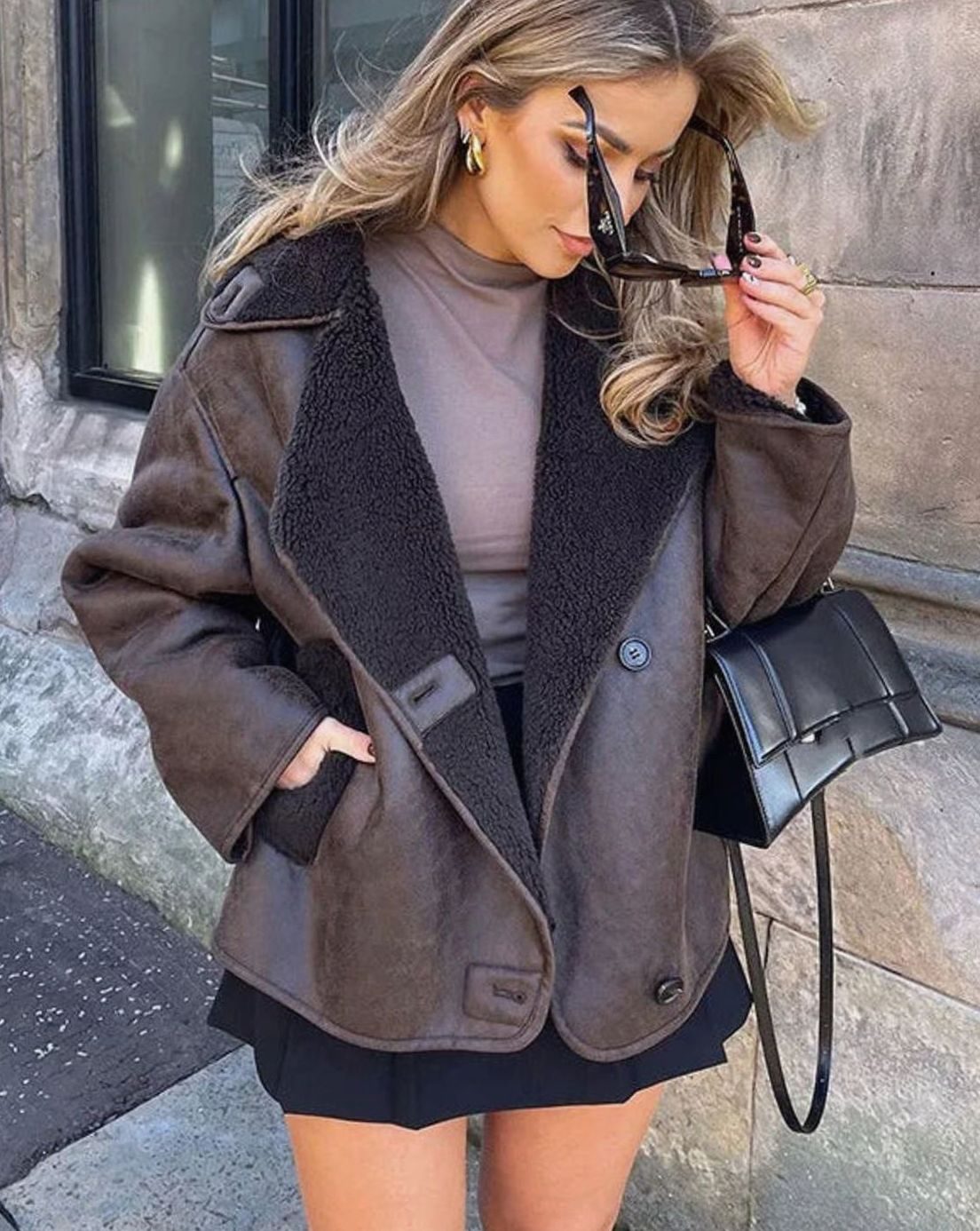 Women's Oversized Faux Shearling Moto Jacket | Belluvyn