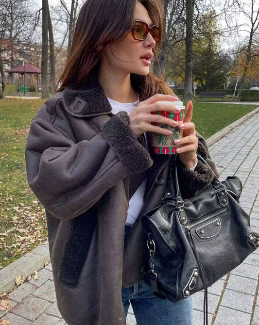 Women's Oversized Faux Shearling Moto Jacket | Belluvyn