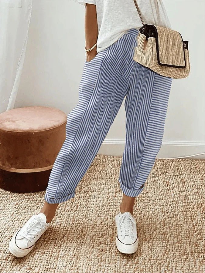 Women's Striped Linen Tapered Trousers | Belluvyn