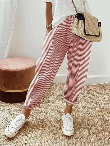 Women's Striped Linen Tapered Trousers | Belluvyn