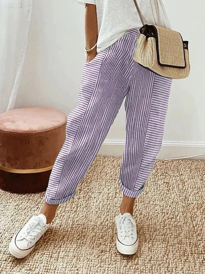 Women's Striped Linen Tapered Trousers | Belluvyn