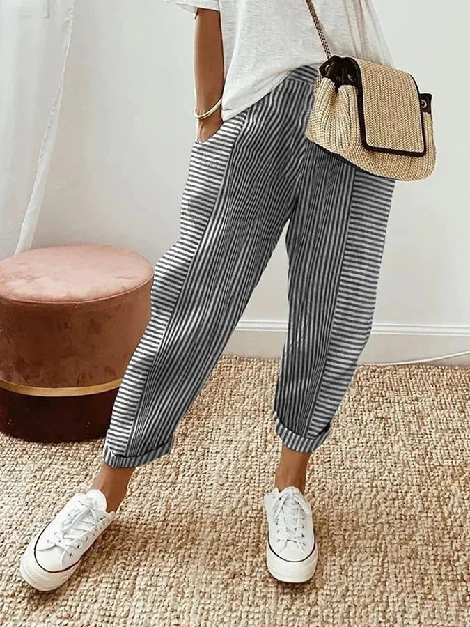 Women's Striped Linen Tapered Trousers | Belluvyn